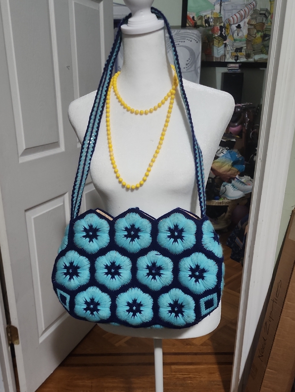 Handcrafted Blue Floral Crochet Shoulder Bag - Light & Dark Blue
